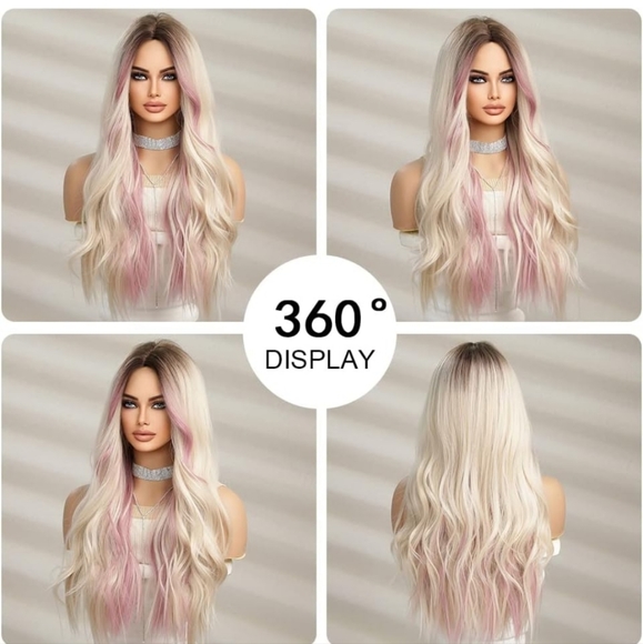 Ombre Blonde Wigs with Pink Purple Highlight 26 inches synthetic - Picture 5 of 6